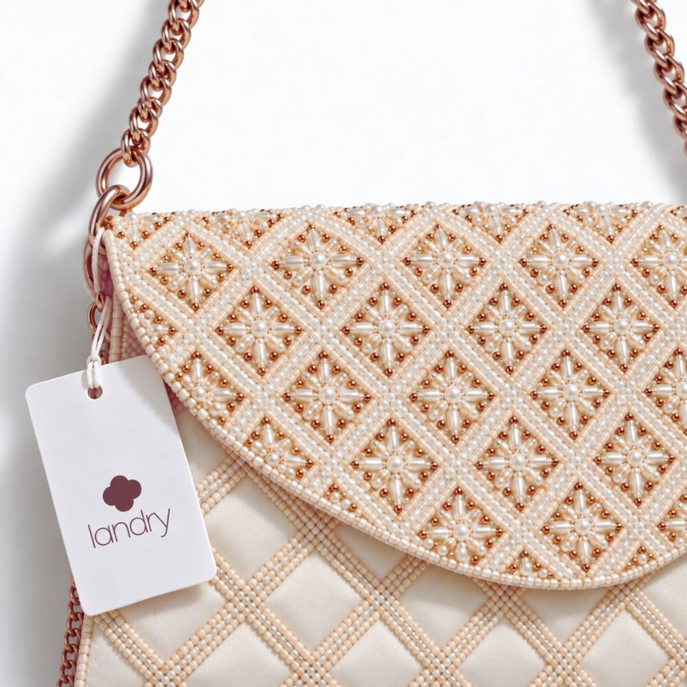 Landry NWT Ivory Pearl Beaded Evening Bag Bridal Clutch Crossbody Gold Chain